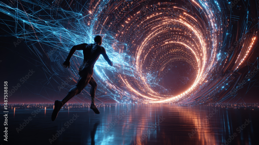 Poster A futuristic man running through a glowing loop time form lines, triangles and particle style design. Illustration vector
