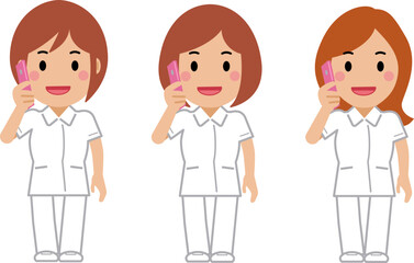 スマホで電話する白制服の女性看護師