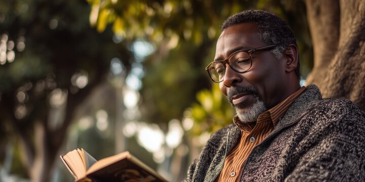 Relaxed senior man reading book in tranquil park setting