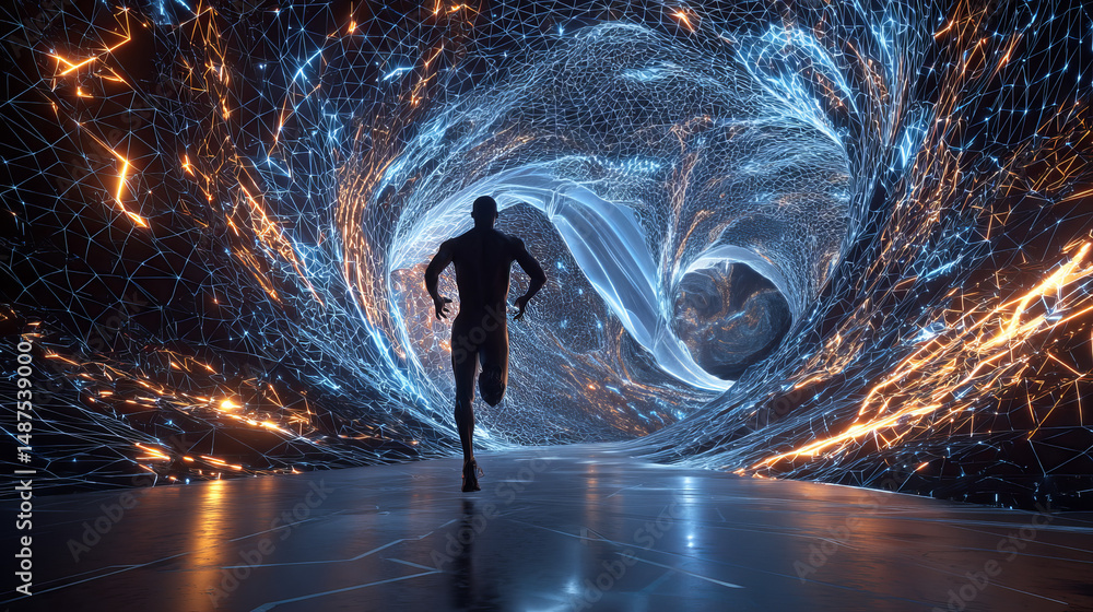 Poster A futuristic man running through a glowing loop time form lines, triangles and particle style design. Illustration vector