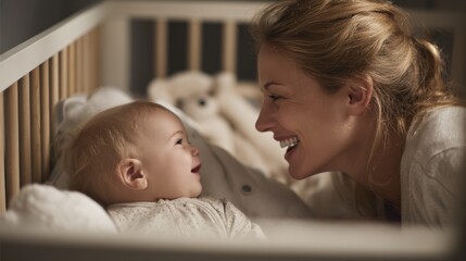 Happy mother and child bonding during quiet crib time, laughter and eye contact shared.