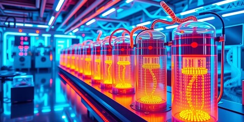Glowing bioreactors, holographic genetic sequences, futuristic biotech lab,   cell,   sterile