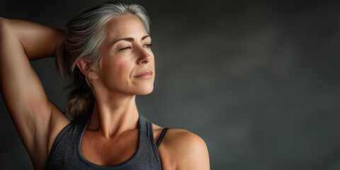 Obraz premium Middle aged woman stretching in workout outfit for healthy active lifestyle
