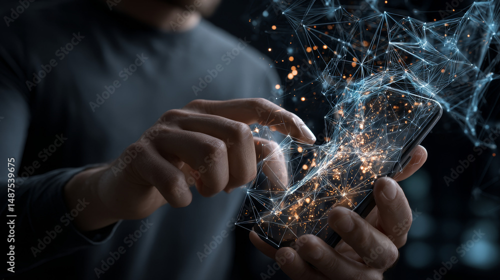 Poster man playing with his smartphone form lines, triangles and particle style design. illustration vector