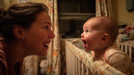 Infant eyes wide with joy as mom talks and entertains them at cribside.
