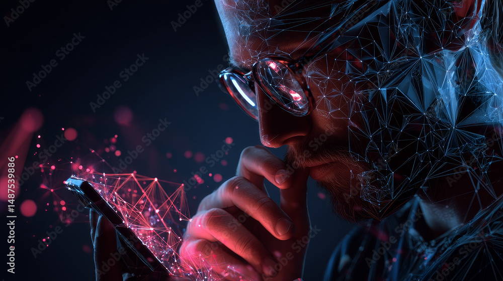 Poster man playing with his smartphone form lines, triangles and particle style design. illustration vector