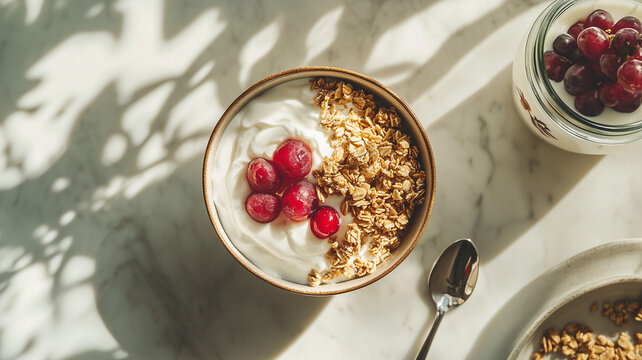 Top down view of a breakfast table with a bowl of cowa mangosteen yogurt and granola fresh and healthy bright morning light real photo stock photography