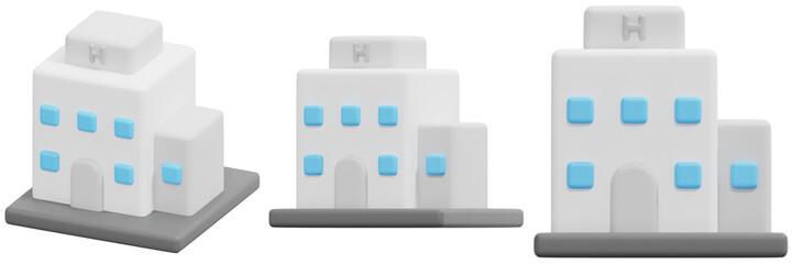 Set of 3D Model of a White Building with Light Blue Windows 3d Render Icon Illustration