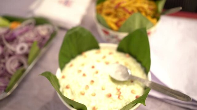 Cold salad and pasta served in Indian wedding