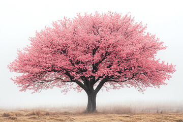 A stunning pink blossom tree emerges from a foggy landscape, showcasing nature's beauty and tranquility in a serene environment.