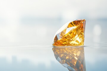A radiant, yellow diamond reflects on a watery surface, glittering beautifully. Use it for luxury branding, investment, and high-value marketing concepts.