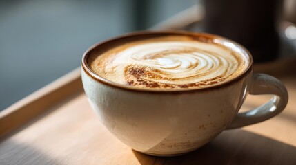 Coffee art latte in cup with vintage espresso style concept. A beautifully crafted latte with intricate foam art in a cup.