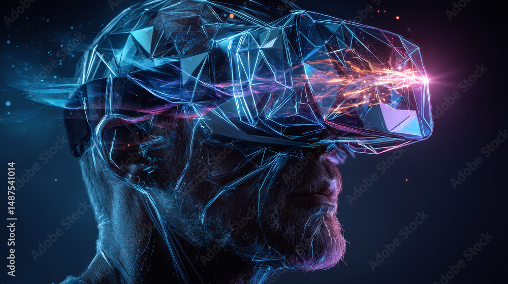 Poster man wearing virtual reality headset with neon glow from lines, triangles and particle style design. 