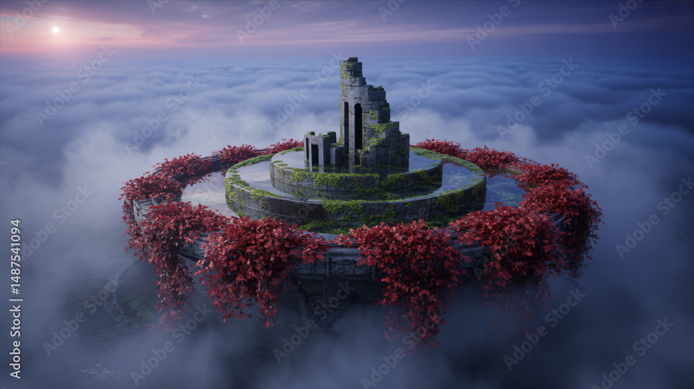 Aufkleber a floating island with red foliage and stone structures creating an otherworldly and enchanting atmo