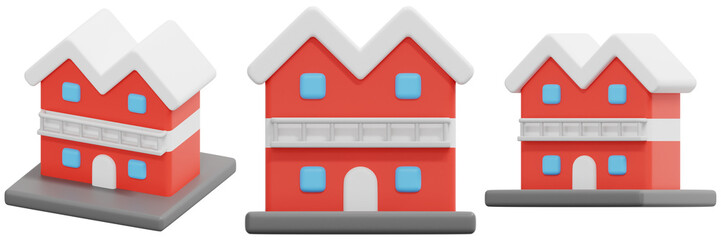 Set of Red Houses with White Roofs and Blue Windows 3d Render Icon Illustration