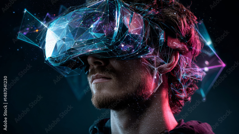 Poster man wearing virtual reality headset with neon glow from lines, triangles and particle style design. 