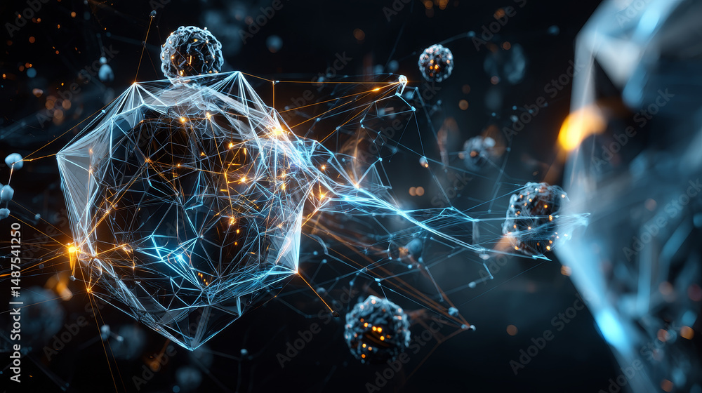 Poster ai technology and digital innovation with artificial intelligence concept hand and data future.
