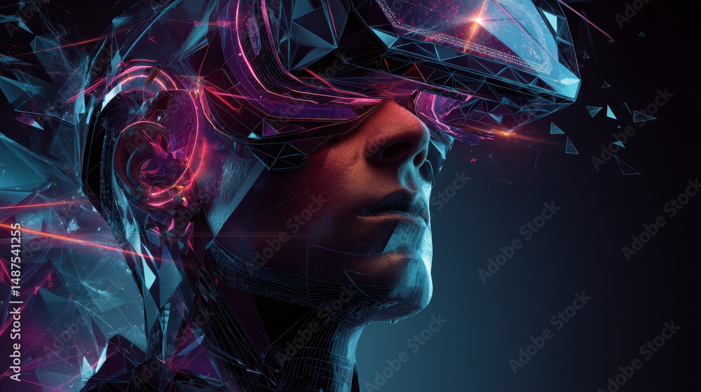 Poster man wearing virtual reality headset with neon glow from lines, triangles and particle style design. 