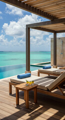 Fototapeta premium Luxurious Beachfront Getaway: Infinity Pool, Loungers & Refreshing Drinks - Paradise Found!
