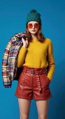 Fashion Forward: Teal Beanie, Yellow Sweater, Red Shorts, & Plaid Jacket - Stylish Winter Outfit Inspiration for Women!