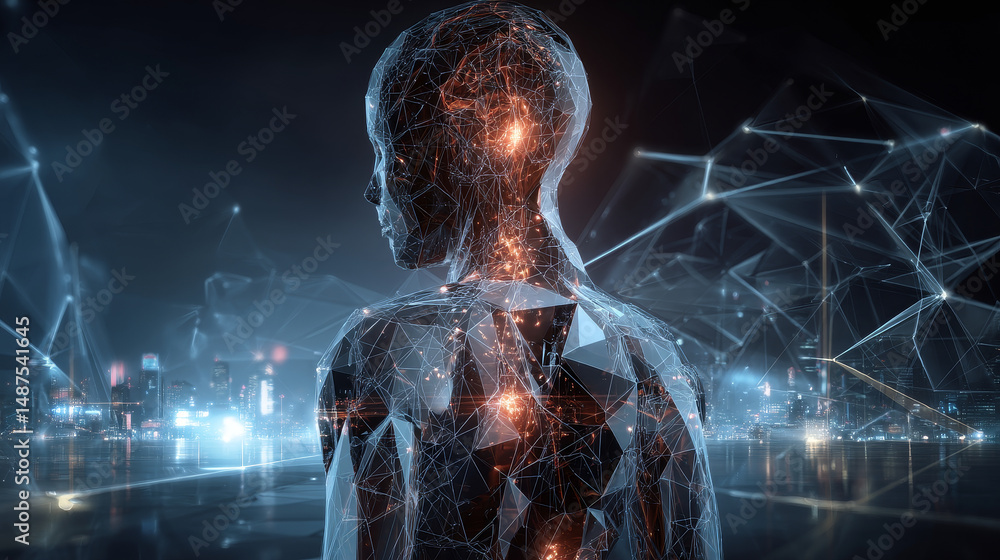 Poster ai technology and digital innovation with artificial intelligence concept hand and data future.