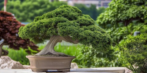Serene Bonsai Tree with Lush Green Foliage: Tranquil Miniature Landscape Artistry and Mindfulness in Horticulture
