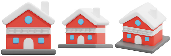 Set of Red Houses with White Roofs and Snow 3d Render Icon Illustration