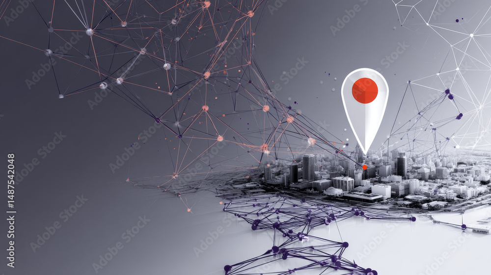 Poster technology navigator pin checking in a location on the map diagram. lines, triangles, and particle s