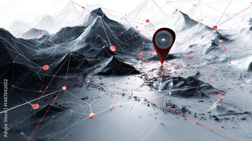 Poster technology navigator pin checking in a location on the map diagram. lines, triangles, and particle s