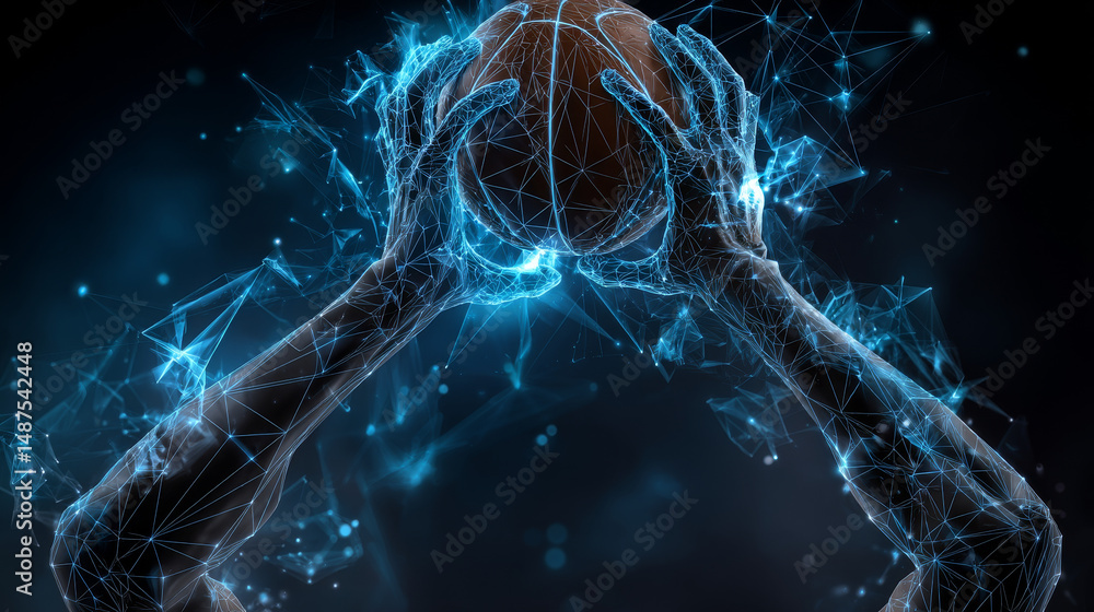 Poster abstract basketball player hands shooting basketball form lines and triangles, point connecting netw