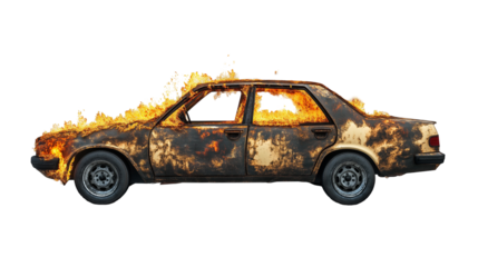 Burning Car in Flames with Transparent Background