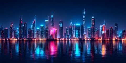 Vibrant neon cityscape reflected in the water at night.