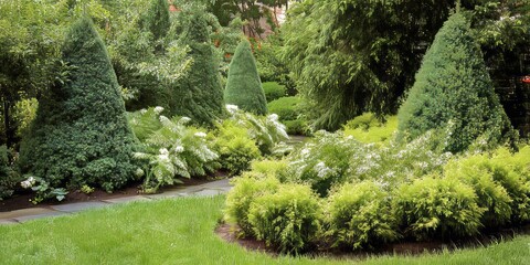 Serene Garden Landscape with Vibrant Greenery and Ornamental Shrubs: A Peaceful, Eco-Friendly Path Through Nature&rsquo;s Pristine, Well-Maintained Oasis
