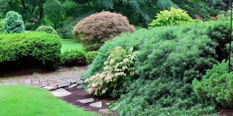 Serene Summer Garden Landscape with Lush Greenery and Vibrant Foliage - Beautiful Botanical Pathway and Sustainable Plant Care
