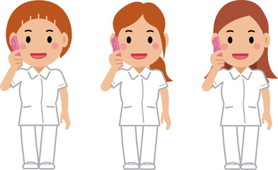 スマホで電話する白制服の女性看護師。その2