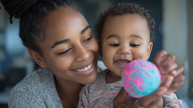 Nurturing moment captured as young mother teaches baby to shake rattle toy with delight.