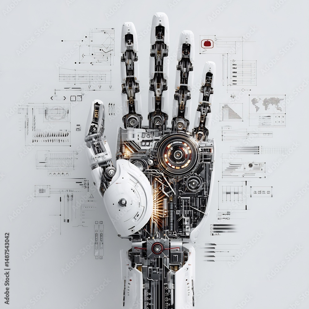 Poster futuristic robotic hand displaying complex engineering schematics and innovation