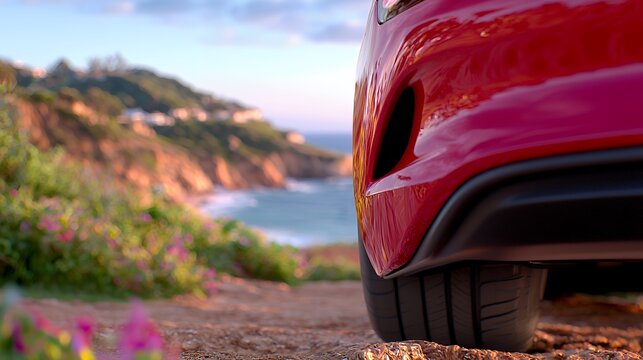 Red Car Parked Near Coastline