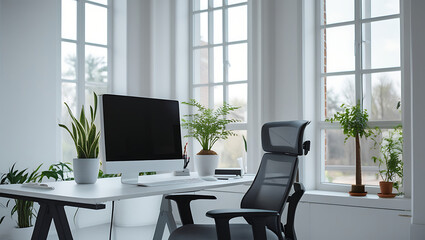Modern Minimalist Home Office Design with Plants and Large Windows Productivity and Comfort
