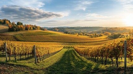 Fototapeta premium Golden vineyard landscape under a partly cloudy sky.
