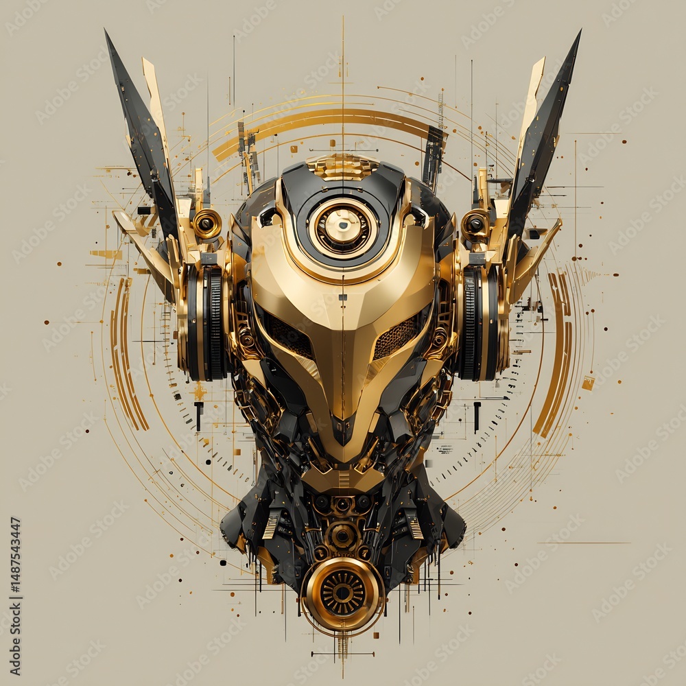 Poster gilded cybernetic entity: abstract portrait of technological augmentation and design