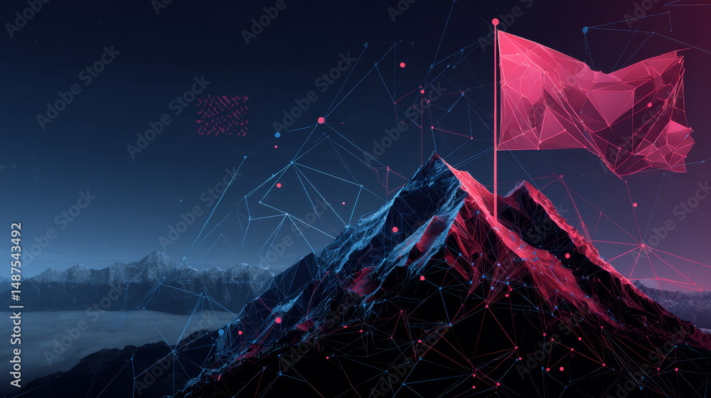 Poster flag on the top of mountain form lines, triangles and particle style design. illustration vector
