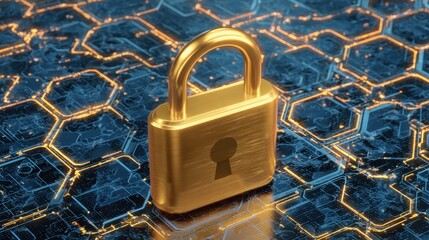 Golden padlock on digital background symbolizing security, encryption, and data protection with technological elements in a futuristic design