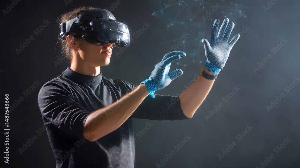 Poster vr developer gesturing with holograms in dark environment
