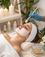  Realistic photo of a cosmetologist’s gloved hand applying a white facial mask with a brush on a client’s cheek, soft lighting, spa environment, no face visible.