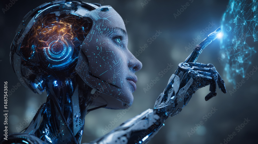 Poster ai in image robot woman or female cyborg working on 3d holographic interface. robotic lady with beau