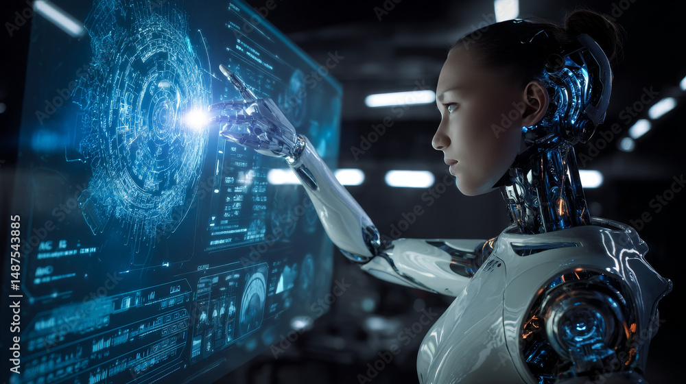 Poster ai in image robot woman or female cyborg working on 3d holographic interface. robotic lady with beau