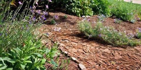 Obraz premium Vibrant Flower Bed and Mulch Garden Path in Eco-Friendly Landscaping with Blooming Flowers and Natural Beauty