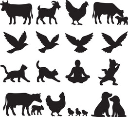 A collection of 20 yoga pose silhouettes featuring diverse body positions for wellness, fitness, meditation, and health-related design projects.