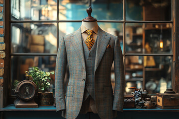 Fototapeta premium Elegantly tailored grey suit displayed in a vintage shop window, showcasing professionalism and style.
